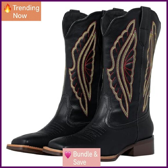 Square Toe Cowboy Boots Wide Calf Western Fashion Boots Women - Picture 2 of 8